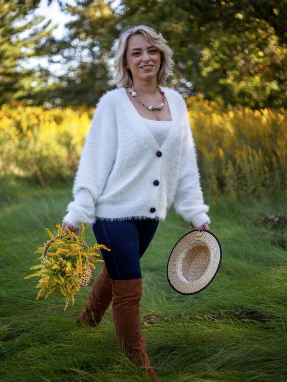 if it were me White Fuzzy V-Neck Button Cardigan S
